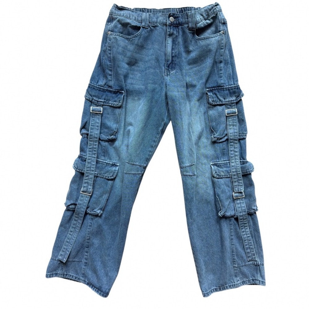 Riley & James Denim Cargo Pants Womens Large Blue Wide Leg Utility Pockets Strap